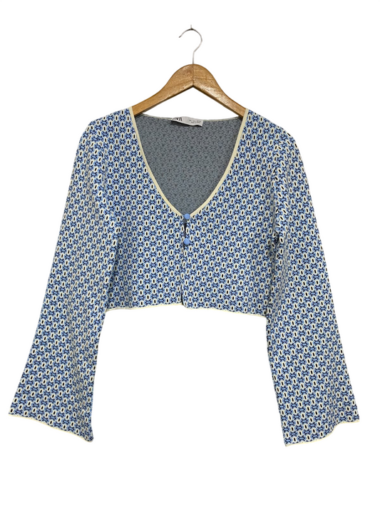 ZARA  | L| BUST 19| A70| BLUE GEOMETRIC PRINT CROP CARDIGAN