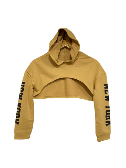 |S | BUST 18 | A70| HIGH-STREET MUSTARD "NEW YORK" SLEEVE-PRINTED CROPPED HOODIE
