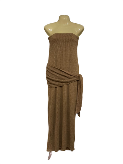 MISSGUIDED |L| BUST 17| A70| BROWN STRAPLESS DRAPED WAIST MIDI DRESS