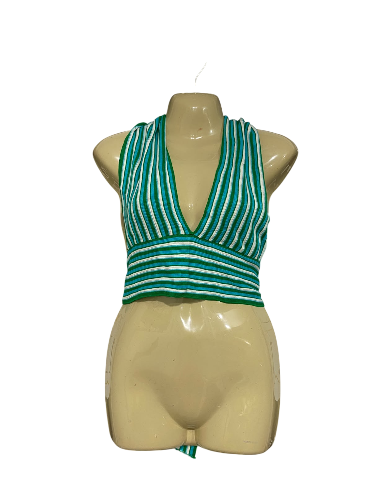 PRETTYLITTLETHING |XS |BUST 15| A70| GREEN STRIPED HALTER KNIT CROP TOP