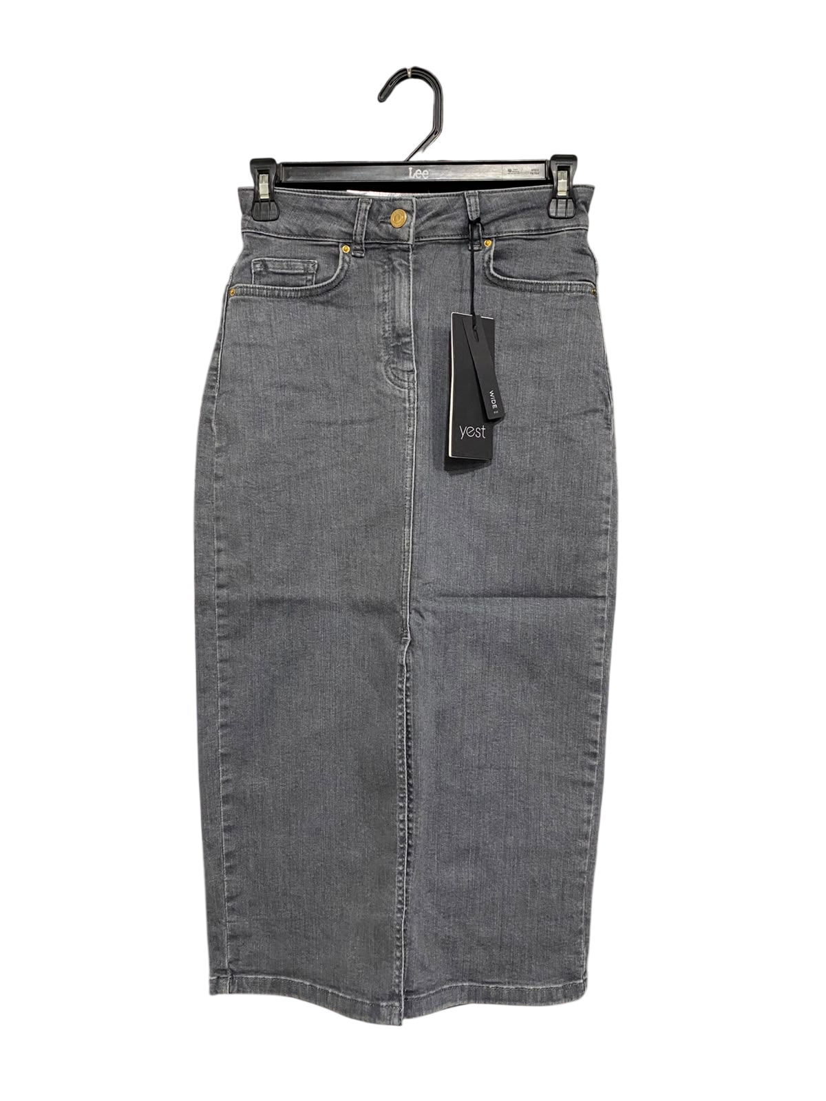 YEST |S| WAIST 26| A70| GREY DENIM HIGH-WAISTED MIDI SKIRT