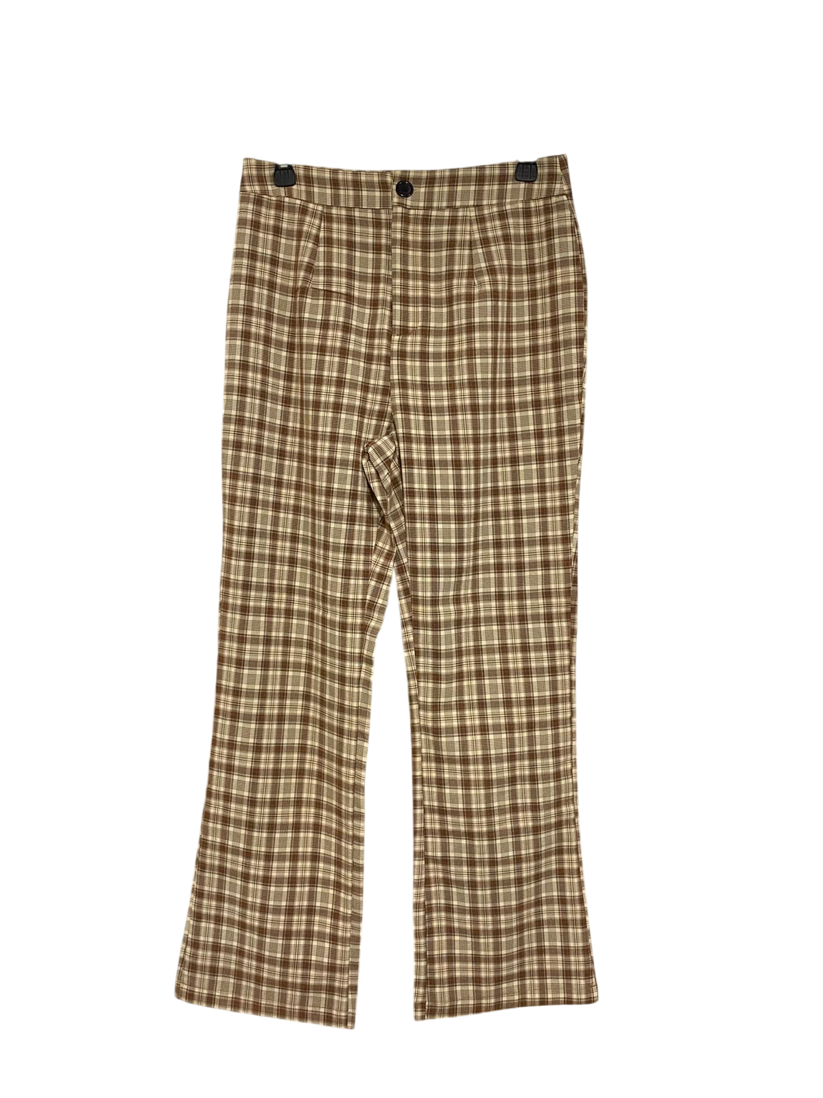 |M| WAIST 29| A70| BROWN PLAID HIGH-WAISTED FLARED TROUSERS
