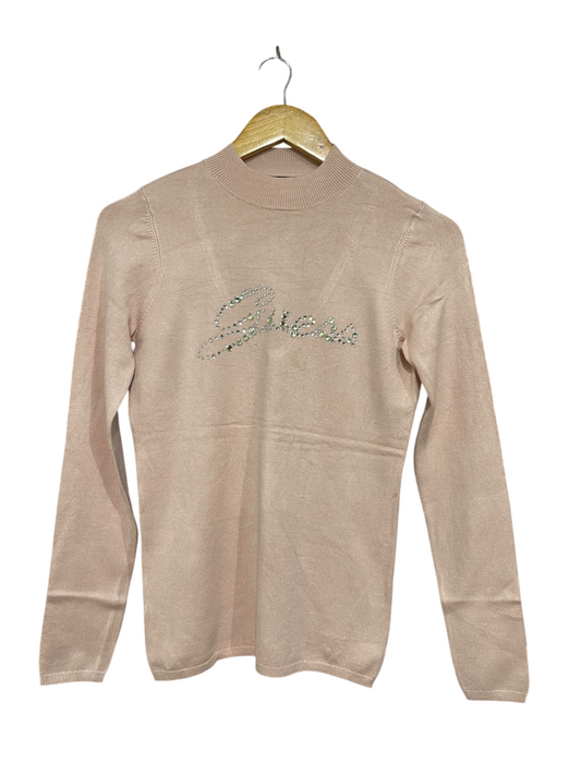 GUESS |S| BUST 16| A70|  BLUSH PINK RHINESTONE LOGO MOCK-NECK KNIT TOP