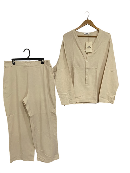 COOFANDY |XL| A70| ASSEMBLY BEIGE LINEN V-NECK TOP & WIDE-LEG TROUSERS CO-ORD SET