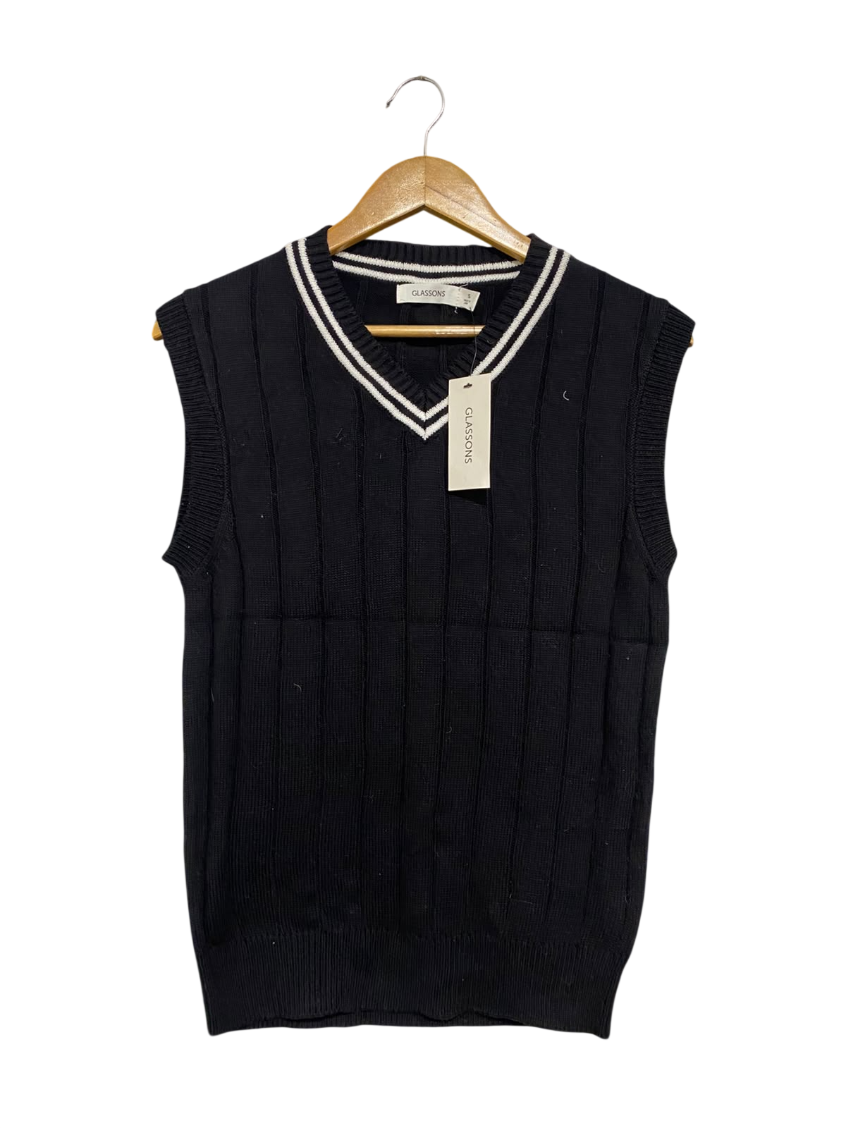 GLASSONS |S| BUST 17| A70|  BLACK V-NECK RIBBED SWEATER VEST