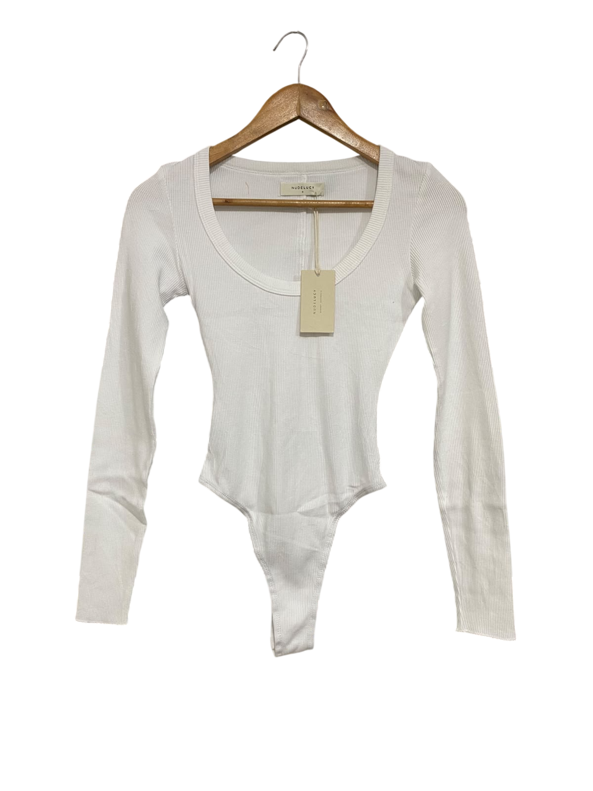 NUDE LUCY |S| BUST 13| A70| WHITE SCOOP-NECK RIBBED LONG-SLEEVE BODYSUIT