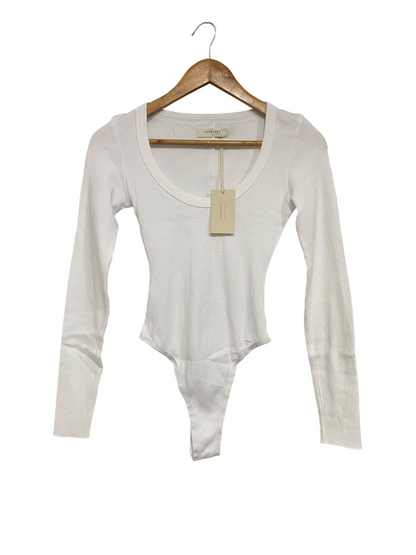 NUDE LUCY |S| BUST 13| A70| WHITE SCOOP-NECK RIBBED LONG-SLEEVE BODYSUIT