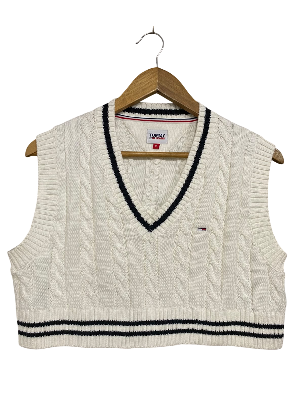 TOMMY JEANS |M| BUST 19| A70| WHITE CABLE-KNIT V-NECK SWEATER VEST