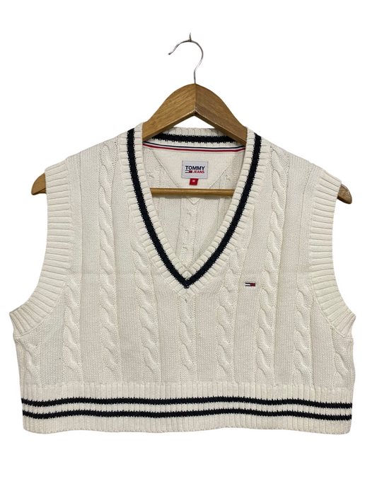 TOMMY JEANS |M| BUST 19| A70| WHITE CABLE-KNIT V-NECK SWEATER VEST