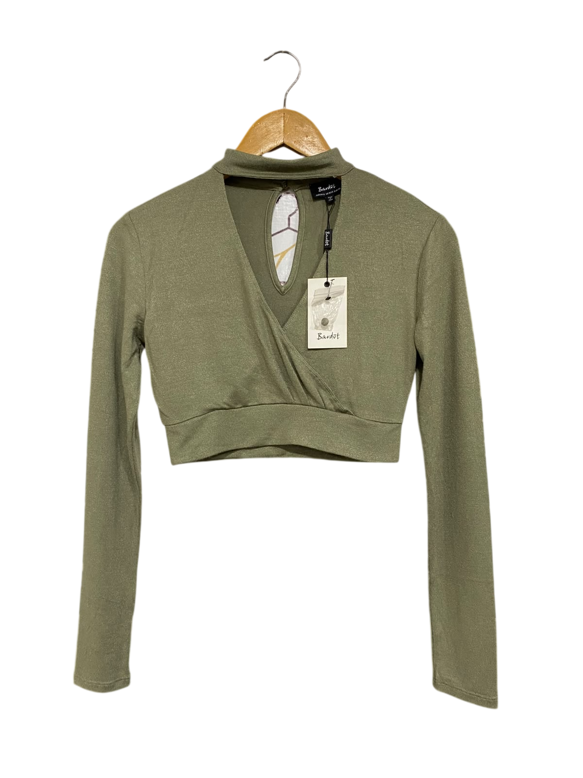 BARDOT |S| BUST 16| A70| OLIVE GREEN CUTOUT CHOKER-NECK CROP TOP