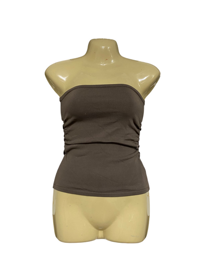 GLASSONS |XS| BUST 14| A70| BROWN RUFFLED STRAPLESS RIBBED TUBE TOP
