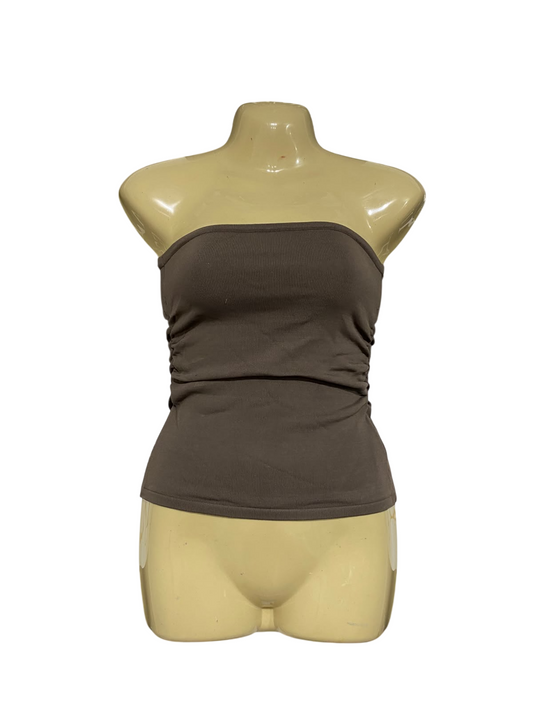 GLASSONS |XS| BUST 14| A70| BROWN RUFFLED STRAPLESS RIBBED TUBE TOP