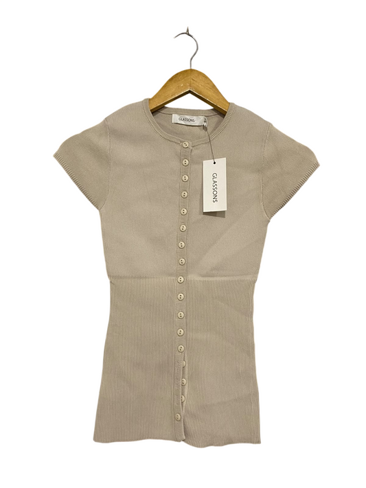 GLASSONS |S| BUST 11| A70|  BEIGE BUTTON-DOWN SHORT-SLEEVE KNIT CARDIGAN TOP
