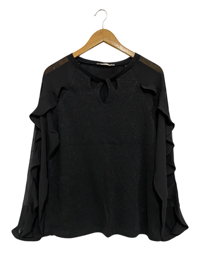 MIARTE |S| BUST 20| A70| BLACK SHIMMER RUFFLE-SLEEVE KEYHOLE TOP