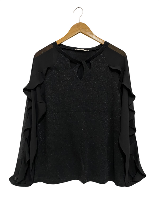 MIARTE |S| BUST 20| A70| BLACK SHIMMER RUFFLE-SLEEVE KEYHOLE TOP