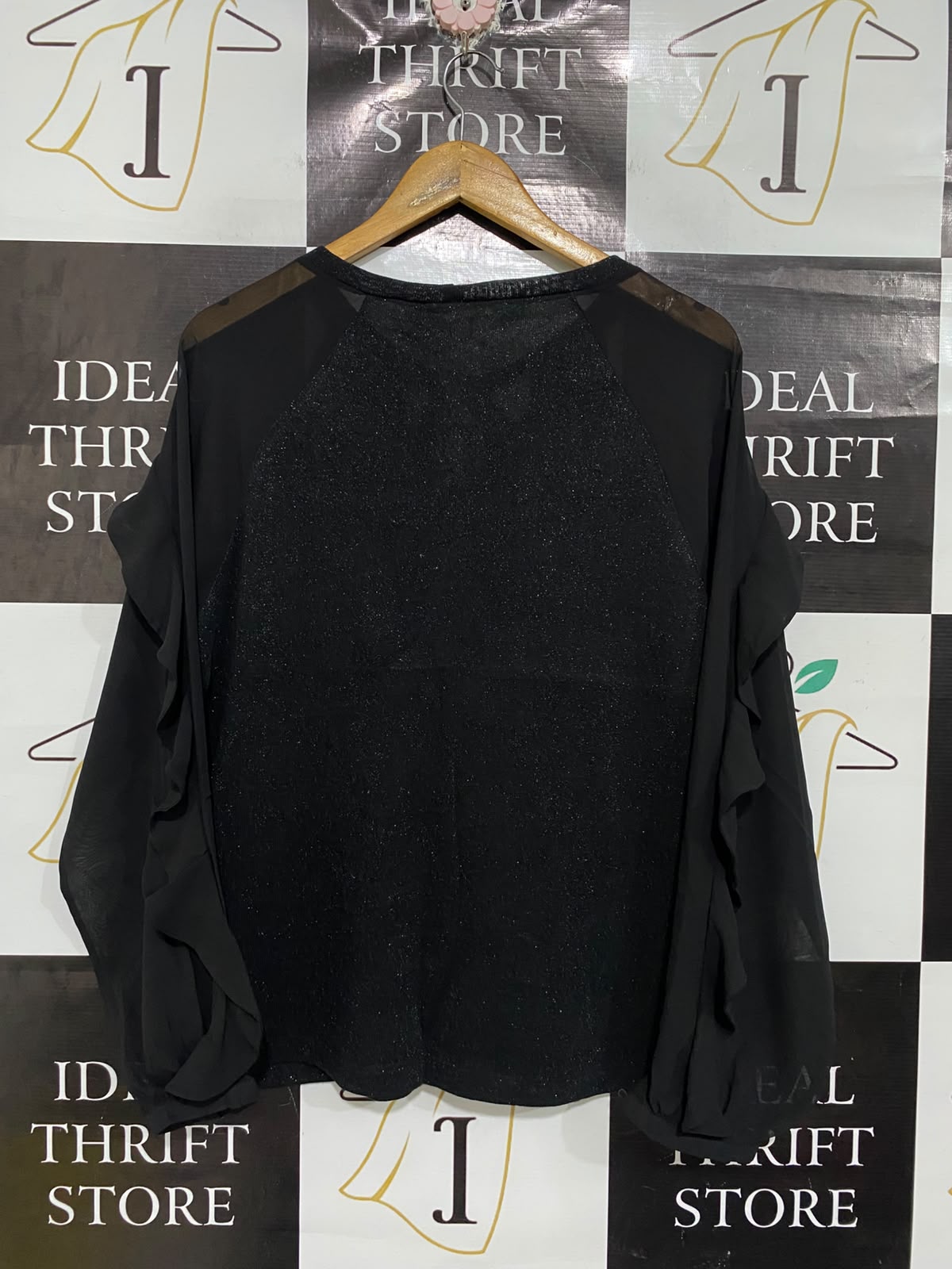 MIARTE |S| BUST 20| A70| BLACK SHIMMER RUFFLE-SLEEVE KEYHOLE TOP