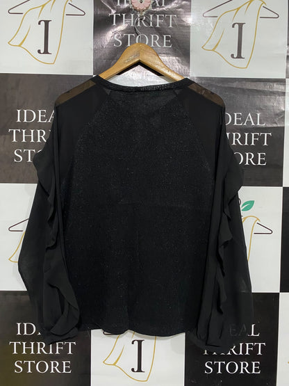 MIARTE |S| BUST 20| A70| BLACK SHIMMER RUFFLE-SLEEVE KEYHOLE TOP