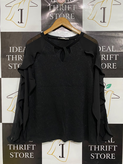 MIARTE |S| BUST 20| A70| BLACK SHIMMER RUFFLE-SLEEVE KEYHOLE TOP