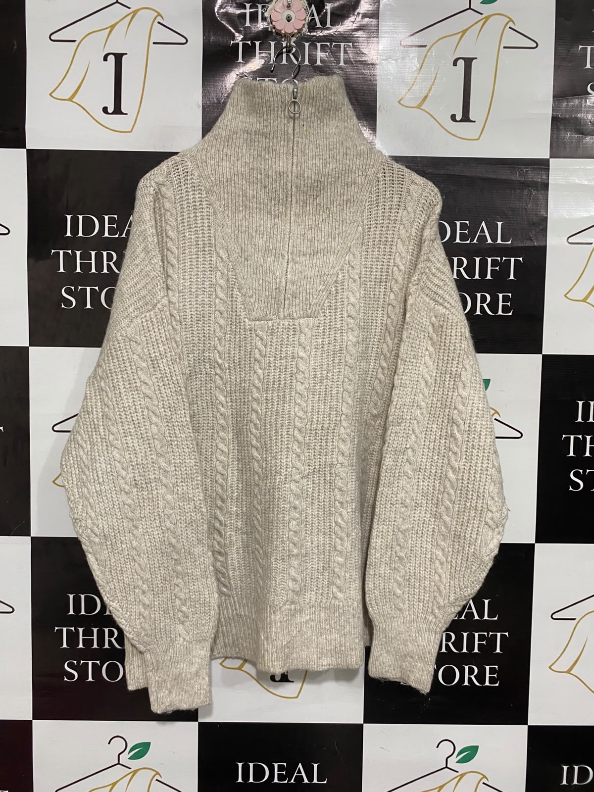 ANKO |XL| BUST 24| A70| BEIGE CABLE-KNIT HALF-ZIP HIGH-NECK SWEATER