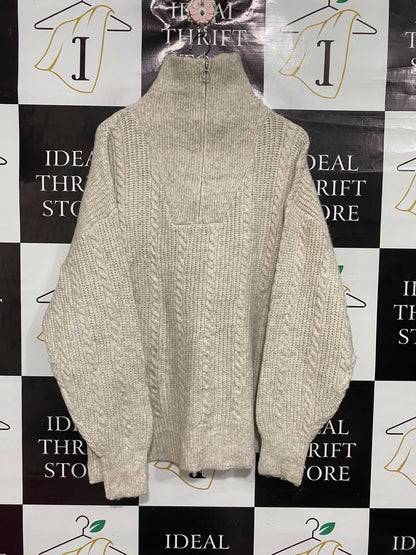ANKO |XL| BUST 24| A70| BEIGE CABLE-KNIT HALF-ZIP HIGH-NECK SWEATER
