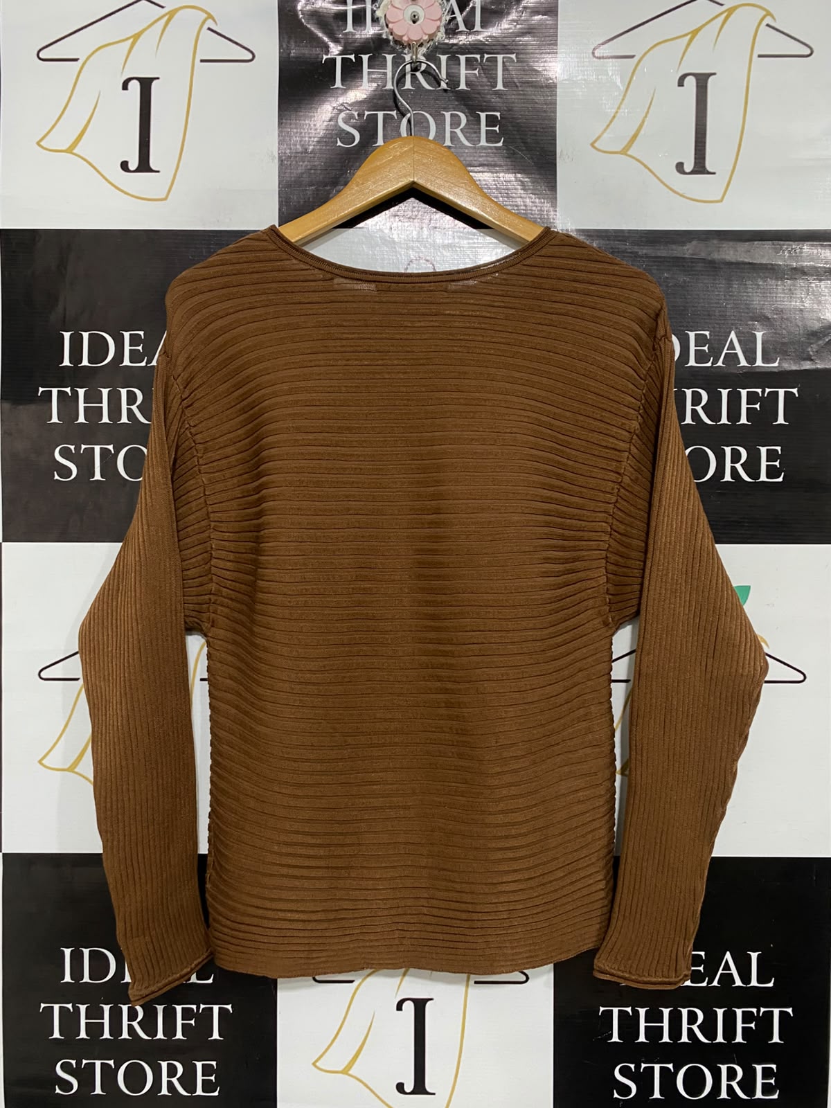 DAVID LAWRENCE |XS| BUST 17| A70|  BROWN RIBBED LONG-SLEEVE KNIT TOP