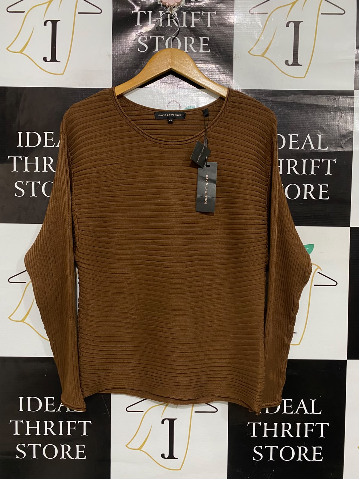 DAVID LAWRENCE |XS| BUST 17| A70|  BROWN RIBBED LONG-SLEEVE KNIT TOP