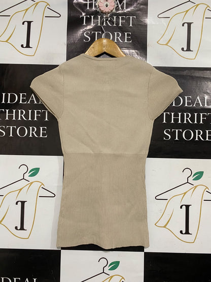 GLASSONS |S| BUST 11| A70|  BEIGE BUTTON-DOWN SHORT-SLEEVE KNIT CARDIGAN TOP