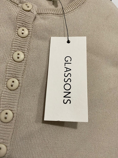 GLASSONS |S| BUST 11| A70|  BEIGE BUTTON-DOWN SHORT-SLEEVE KNIT CARDIGAN TOP