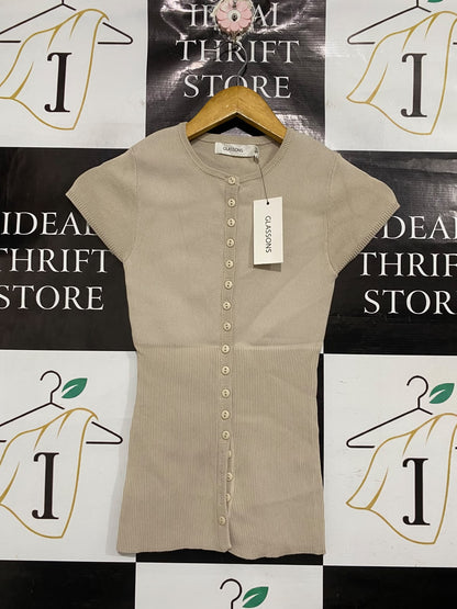 GLASSONS |S| BUST 11| A70|  BEIGE BUTTON-DOWN SHORT-SLEEVE KNIT CARDIGAN TOP
