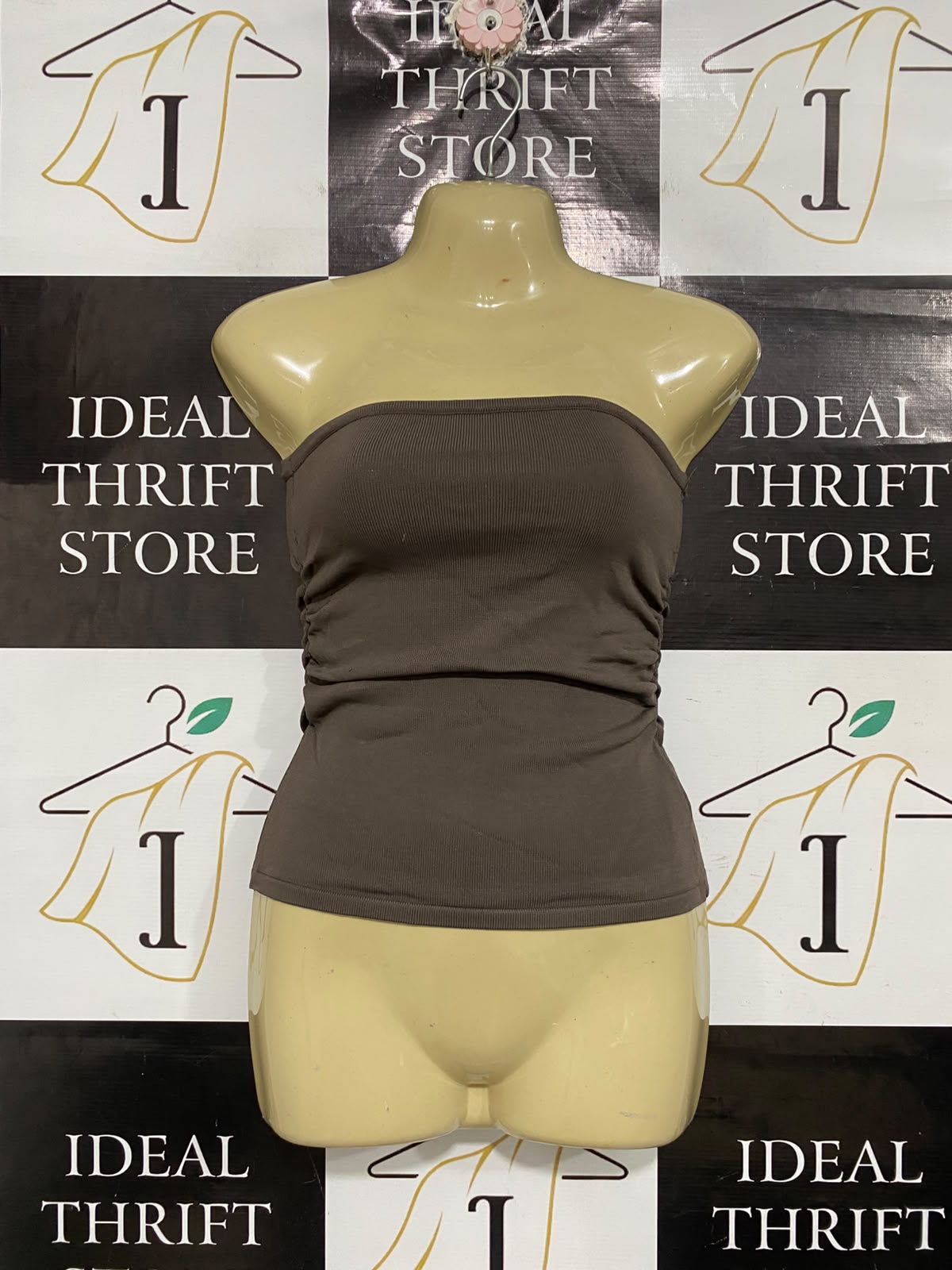 GLASSONS |XS| BUST 14| A70| BROWN RUFFLED STRAPLESS RIBBED TUBE TOP