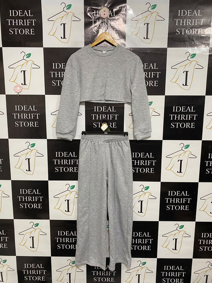 |XS| A70| GREY CROPPED SWEATSHIRT & WIDE-LEG JOGGER TRACKSUIT SET