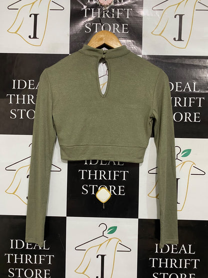 BARDOT |S| BUST 16| A70| OLIVE GREEN CUTOUT CHOKER-NECK CROP TOP