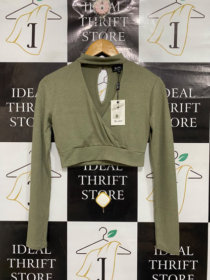 BARDOT |S| BUST 16| A70| OLIVE GREEN CUTOUT CHOKER-NECK CROP TOP