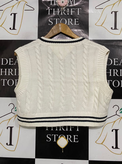TOMMY JEANS |M| BUST 19| A70| WHITE CABLE-KNIT V-NECK SWEATER VEST