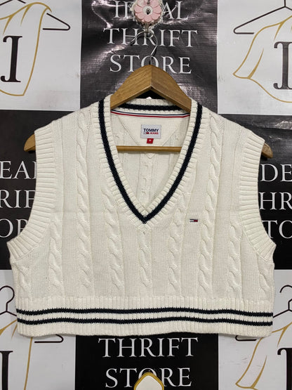 TOMMY JEANS |M| BUST 19| A70| WHITE CABLE-KNIT V-NECK SWEATER VEST