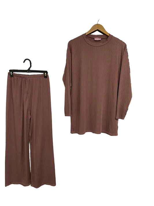 DOLLS |S| A70| MAUVE BROWN RIBBED LONG-LINE TOP & WIDE-LEG TROUSERS CO-ORD SET