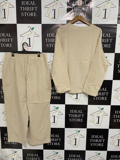 COOFANDY |XL| A70| ASSEMBLY BEIGE LINEN V-NECK TOP & WIDE-LEG TROUSERS CO-ORD SET