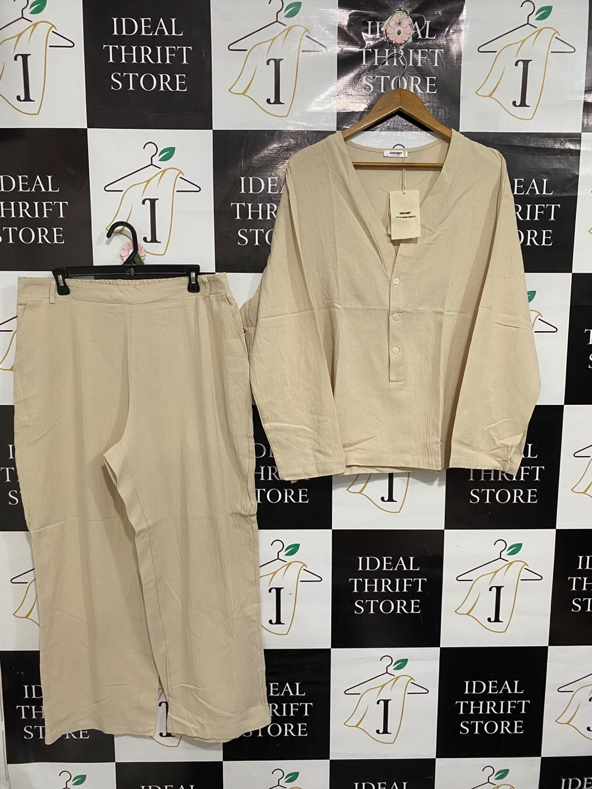 COOFANDY |XL| A70| ASSEMBLY BEIGE LINEN V-NECK TOP & WIDE-LEG TROUSERS CO-ORD SET