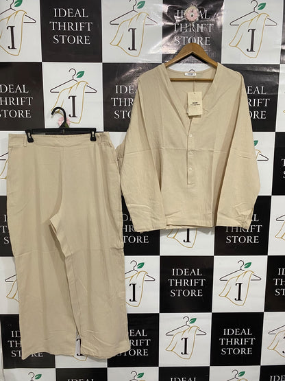 COOFANDY |XL| A70| ASSEMBLY BEIGE LINEN V-NECK TOP & WIDE-LEG TROUSERS CO-ORD SET