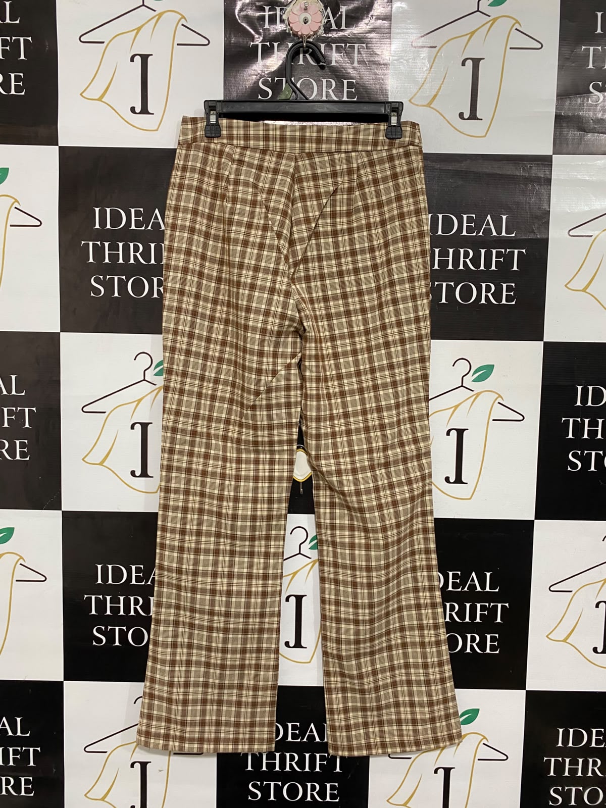 |M| WAIST 29| A70| BROWN PLAID HIGH-WAISTED FLARED TROUSERS