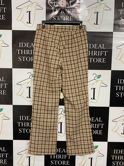 |M| WAIST 29| A70| BROWN PLAID HIGH-WAISTED FLARED TROUSERS