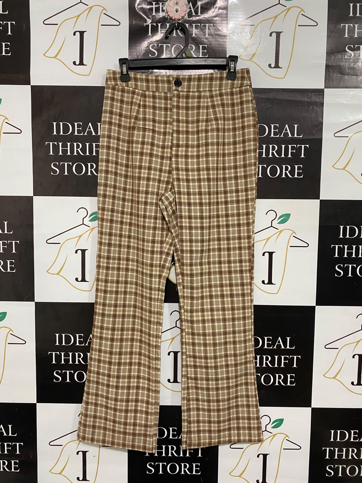 |M| WAIST 29| A70| BROWN PLAID HIGH-WAISTED FLARED TROUSERS