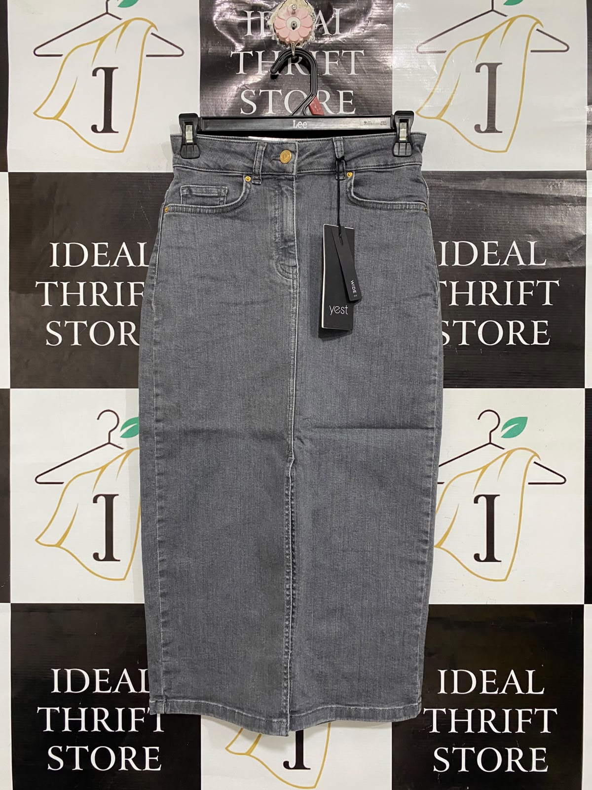 YEST |S| WAIST 26| A70| GREY DENIM HIGH-WAISTED MIDI SKIRT
