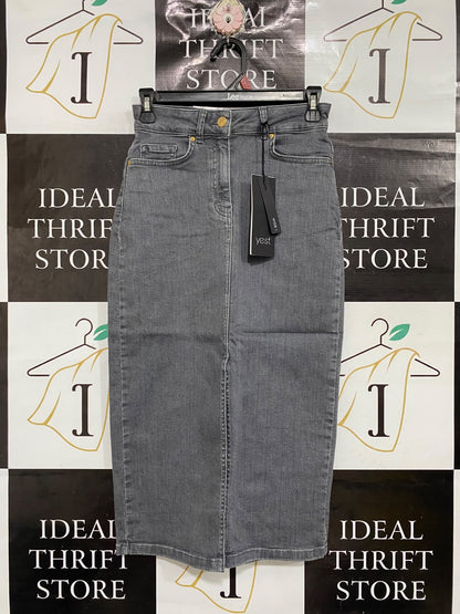 YEST |S| WAIST 26| A70| GREY DENIM HIGH-WAISTED MIDI SKIRT