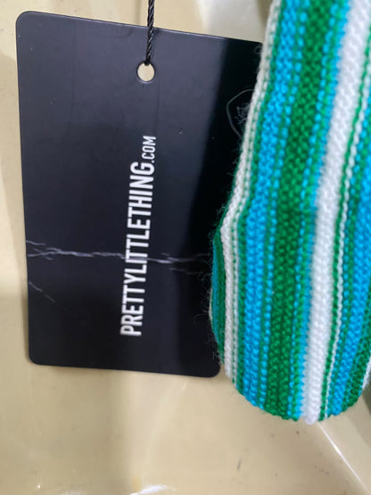 PRETTYLITTLETHING |XS |BUST 15| A70| GREEN STRIPED HALTER KNIT CROP TOP