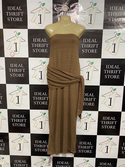 MISSGUIDED |L| BUST 17| A70| BROWN STRAPLESS DRAPED WAIST MIDI DRESS