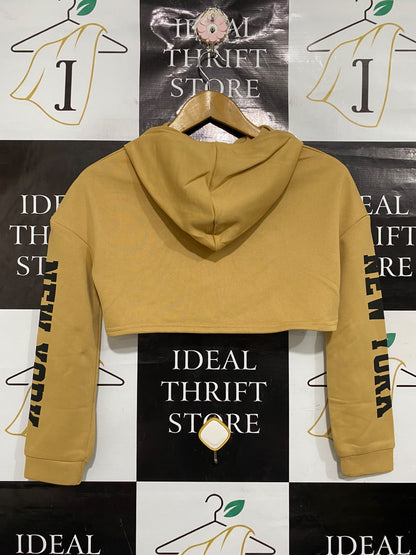 |S | BUST 18 | A70| HIGH-STREET MUSTARD "NEW YORK" SLEEVE-PRINTED CROPPED HOODIE