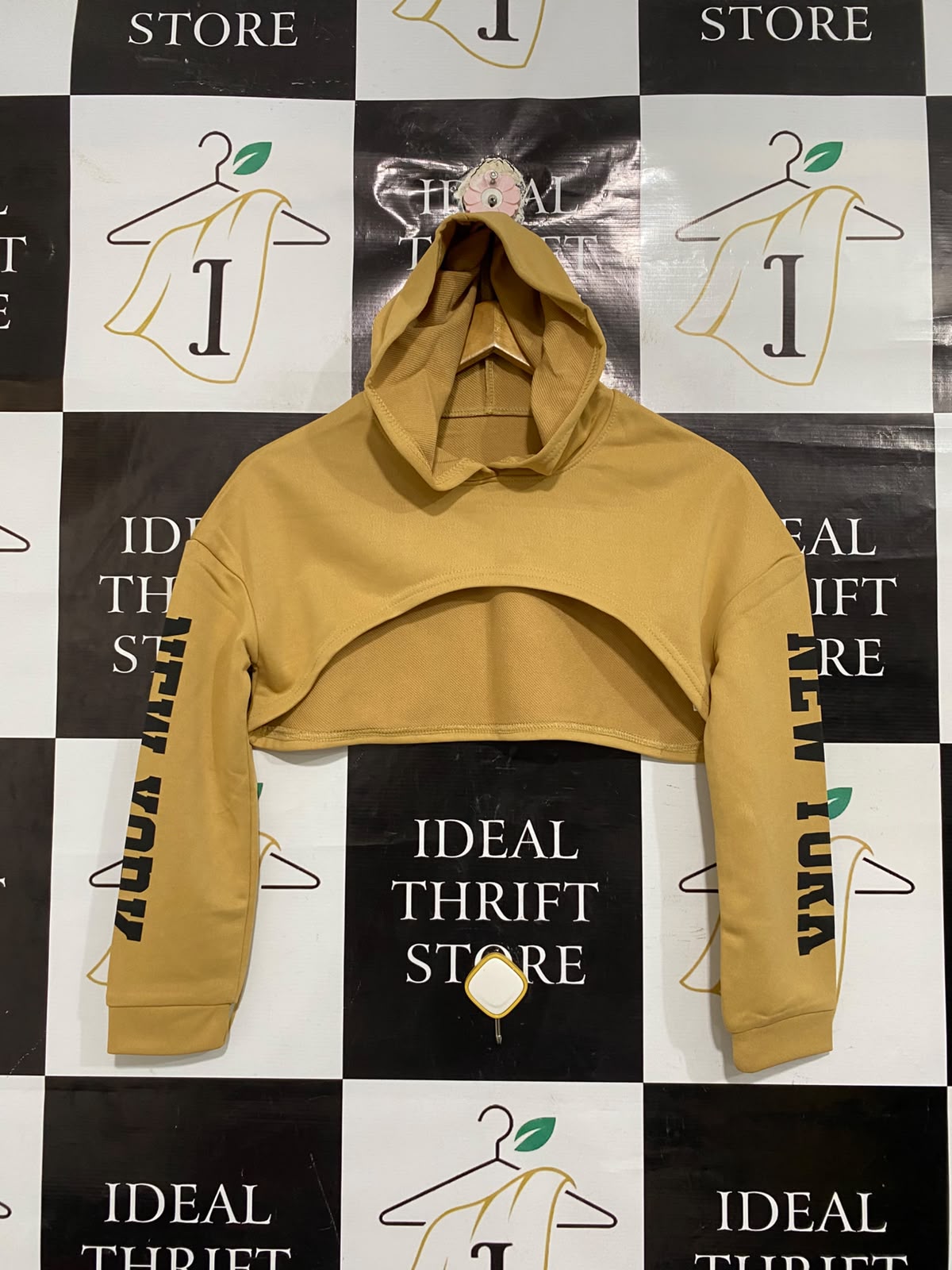|S | BUST 18 | A70| HIGH-STREET MUSTARD "NEW YORK" SLEEVE-PRINTED CROPPED HOODIE