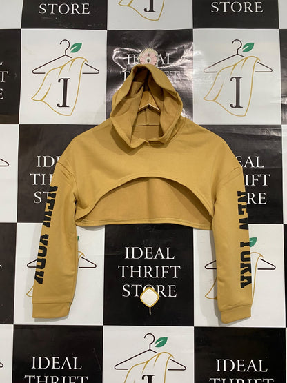 |S | BUST 18 | A70| HIGH-STREET MUSTARD "NEW YORK" SLEEVE-PRINTED CROPPED HOODIE