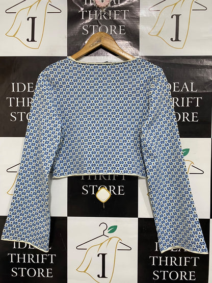 ZARA  | L| BUST 19| A70| BLUE GEOMETRIC PRINT CROP CARDIGAN